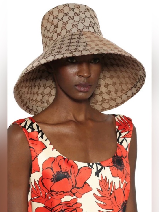 brim Accessories - Beige Monogram Bucket Hat w Wide Brim Large Jacquard Canvas Beach Sun Coverage